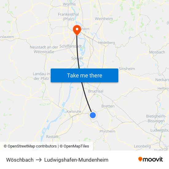 Wöschbach to Ludwigshafen-Mundenheim map