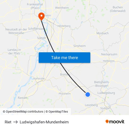 Riet to Ludwigshafen-Mundenheim map
