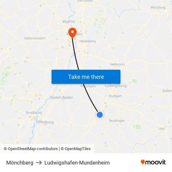 Mönchberg to Ludwigshafen-Mundenheim map