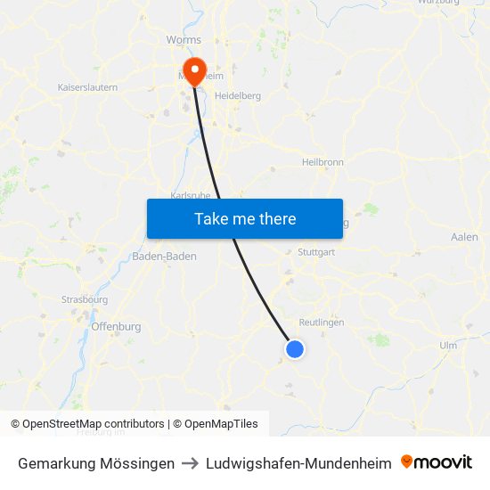 Gemarkung Mössingen to Ludwigshafen-Mundenheim map