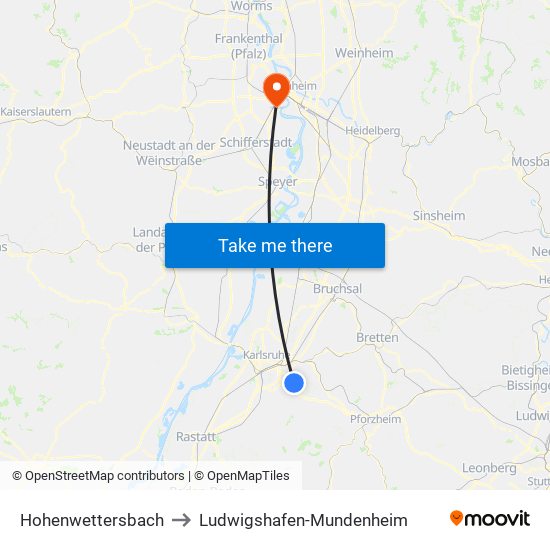 Hohenwettersbach to Ludwigshafen-Mundenheim map