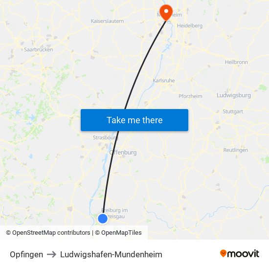 Opfingen to Ludwigshafen-Mundenheim map