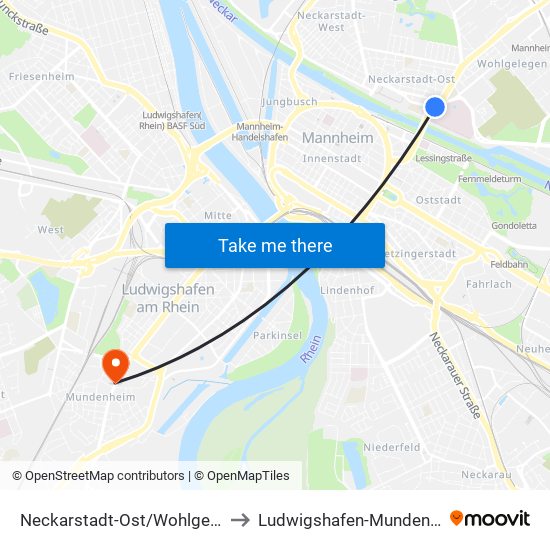 Neckarstadt-Ost/Wohlgelegen to Ludwigshafen-Mundenheim map