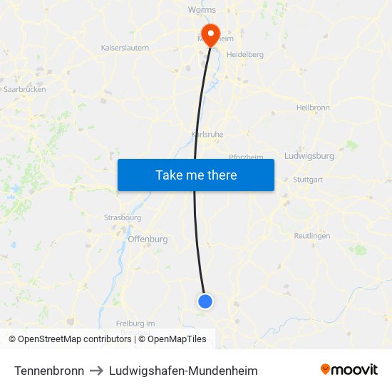 Tennenbronn to Ludwigshafen-Mundenheim map