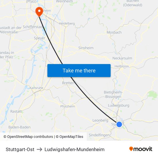 Stuttgart-Ost to Ludwigshafen-Mundenheim map