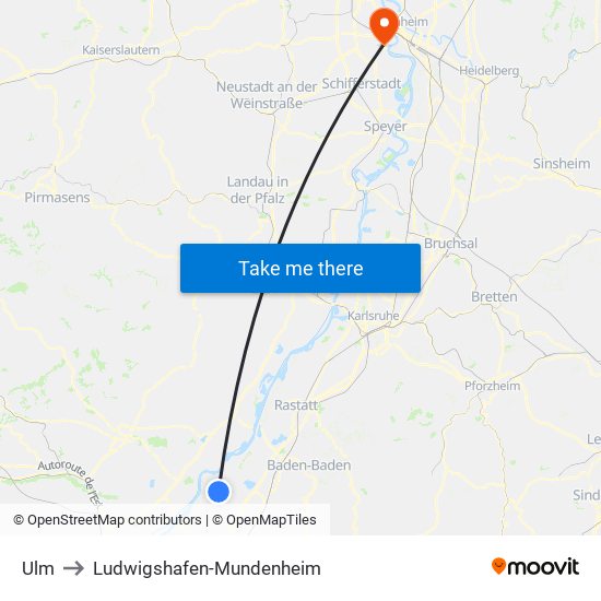 Ulm to Ludwigshafen-Mundenheim map