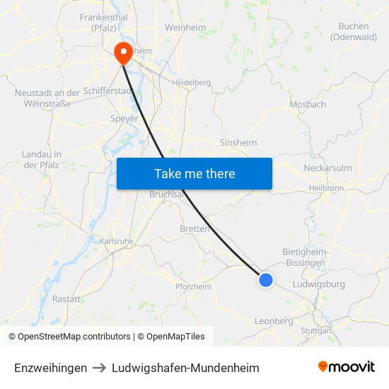 Enzweihingen to Ludwigshafen-Mundenheim map