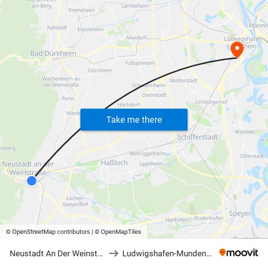 Neustadt An Der Weinstraße to Ludwigshafen-Mundenheim map