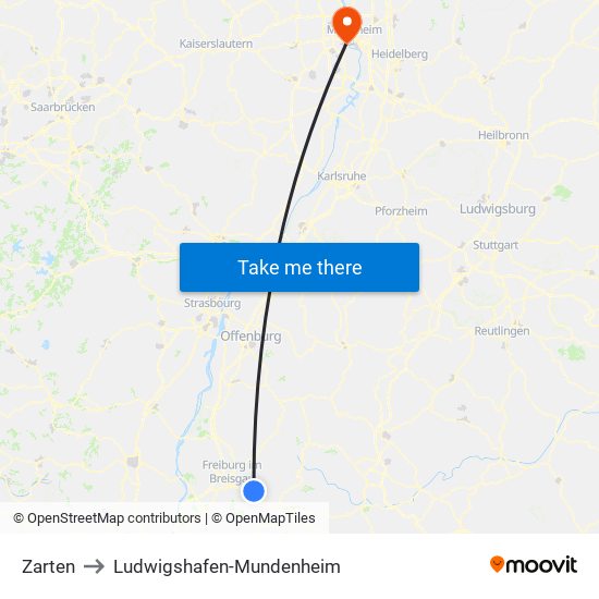 Zarten to Ludwigshafen-Mundenheim map