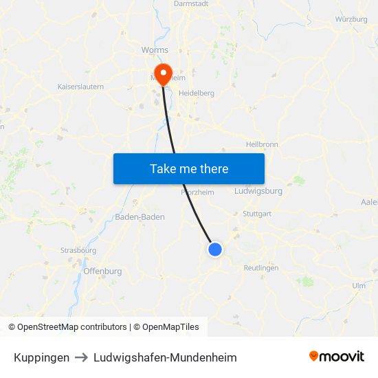 Kuppingen to Ludwigshafen-Mundenheim map