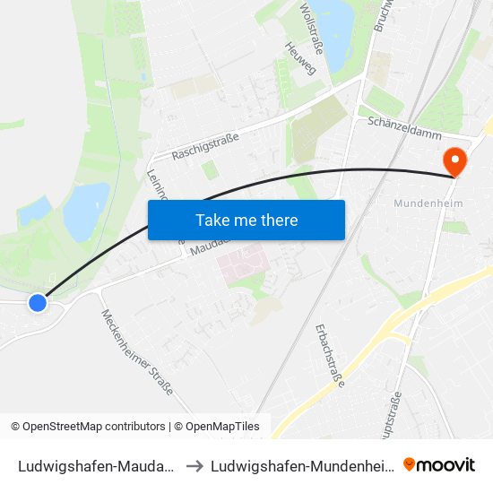 Ludwigshafen-Maudach to Ludwigshafen-Mundenheim map