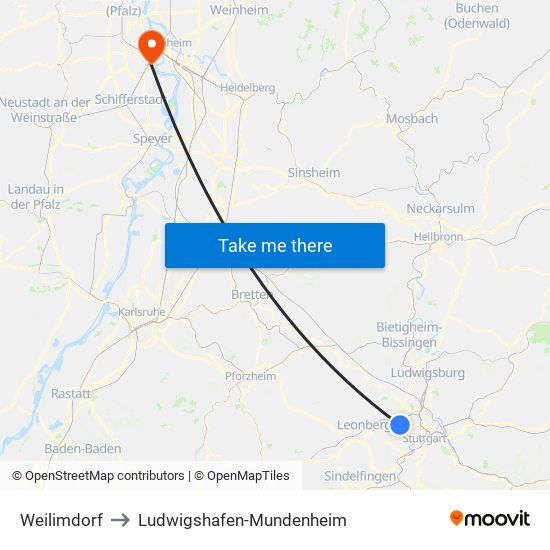 Weilimdorf to Ludwigshafen-Mundenheim map