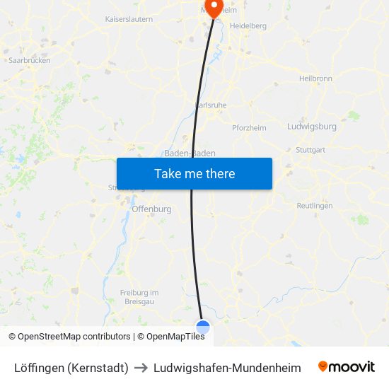 Löffingen (Kernstadt) to Ludwigshafen-Mundenheim map