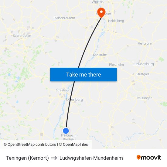 Teningen (Kernort) to Ludwigshafen-Mundenheim map