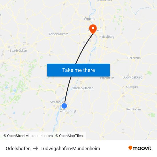 Odelshofen to Ludwigshafen-Mundenheim map