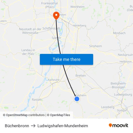 Büchenbronn to Ludwigshafen-Mundenheim map