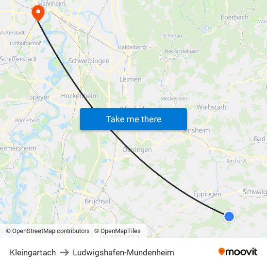 Kleingartach to Ludwigshafen-Mundenheim map