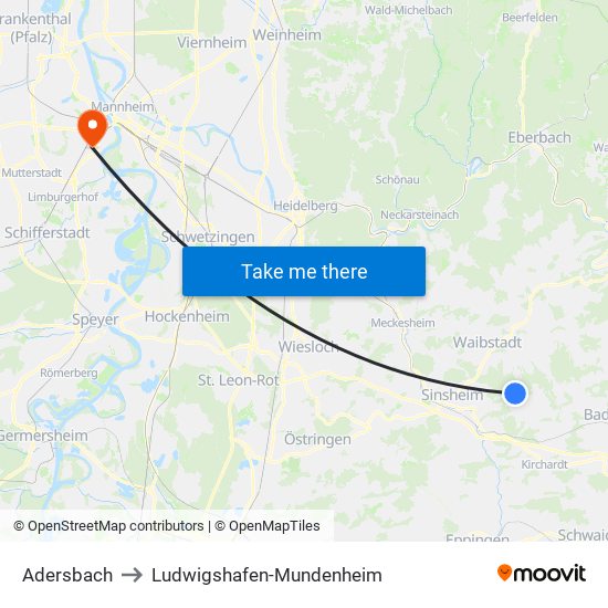 Adersbach to Ludwigshafen-Mundenheim map
