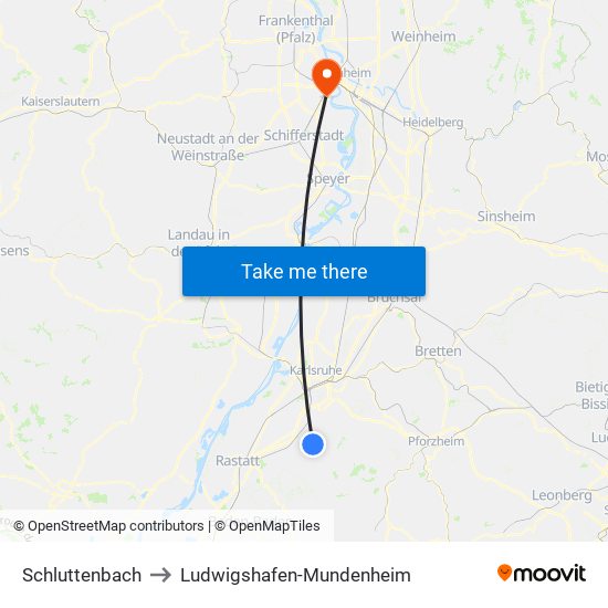 Schluttenbach to Ludwigshafen-Mundenheim map