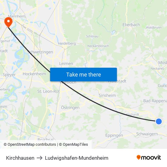 Kirchhausen to Ludwigshafen-Mundenheim map