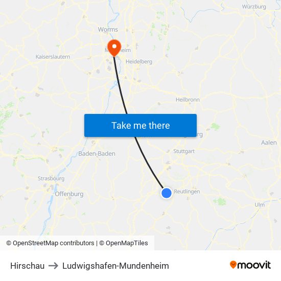 Hirschau to Ludwigshafen-Mundenheim map