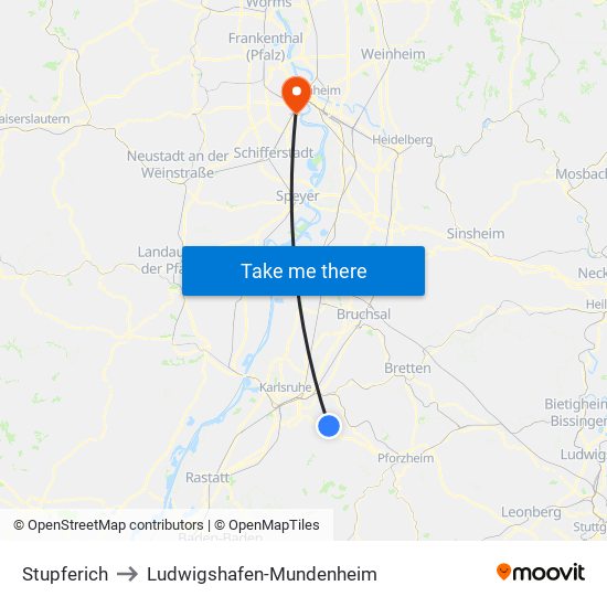 Stupferich to Ludwigshafen-Mundenheim map