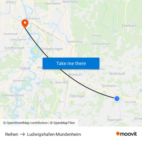 Reihen to Ludwigshafen-Mundenheim map