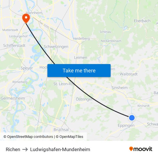 Richen to Ludwigshafen-Mundenheim map