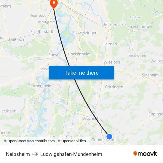 Neibsheim to Ludwigshafen-Mundenheim map