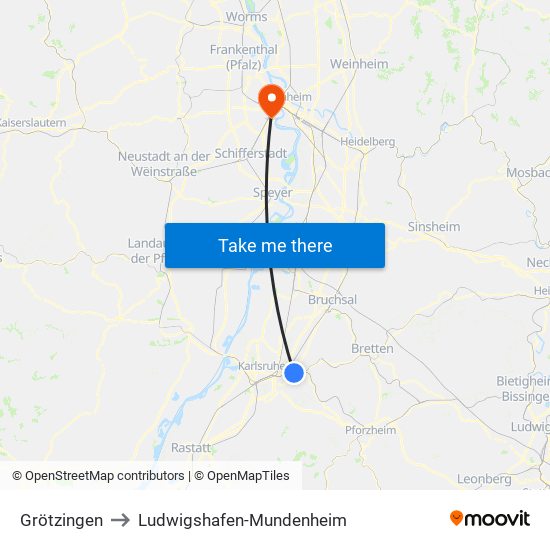 Grötzingen to Ludwigshafen-Mundenheim map