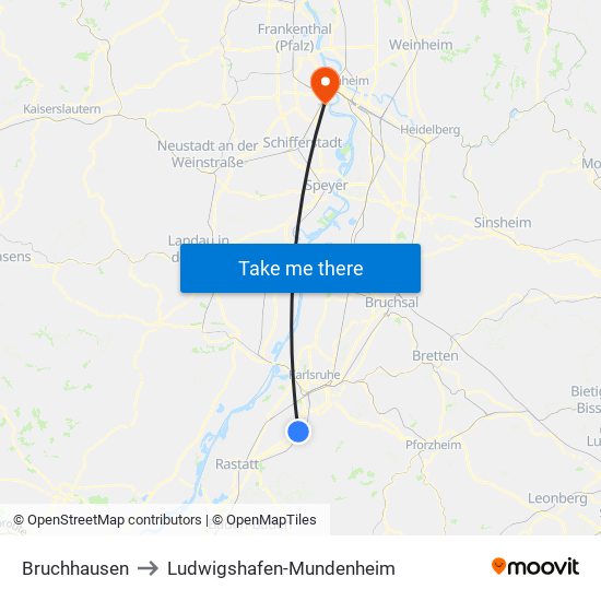 Bruchhausen to Ludwigshafen-Mundenheim map