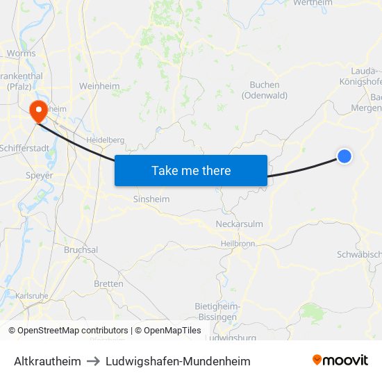 Altkrautheim to Ludwigshafen-Mundenheim map