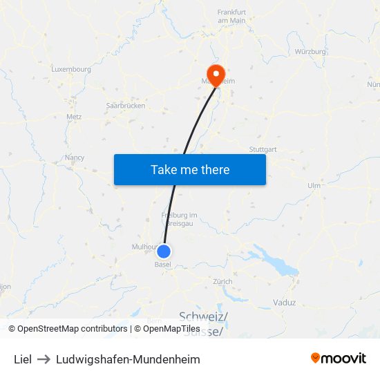 Liel to Ludwigshafen-Mundenheim map