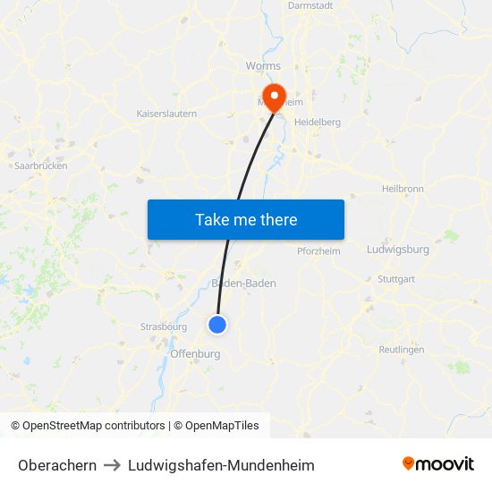 Oberachern to Ludwigshafen-Mundenheim map