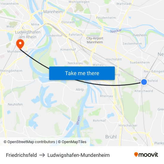 Friedrichsfeld to Ludwigshafen-Mundenheim map