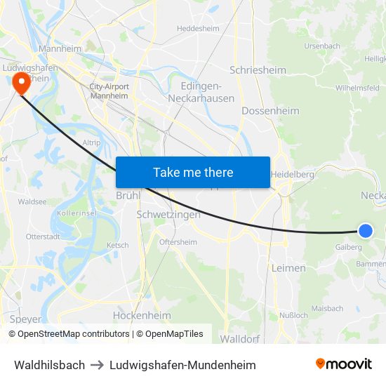 Waldhilsbach to Ludwigshafen-Mundenheim map