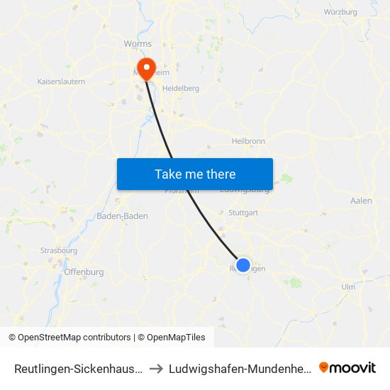 Reutlingen-Sickenhausen to Ludwigshafen-Mundenheim map