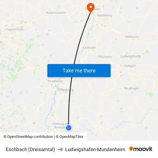 Eschbach (Dreisamtal) to Ludwigshafen-Mundenheim map