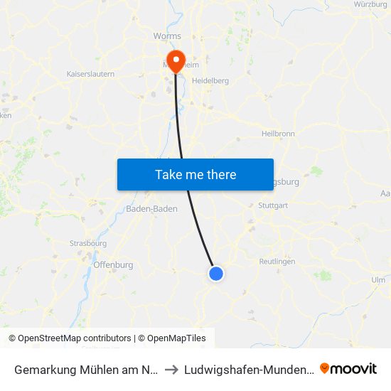 Gemarkung Mühlen am Neckar to Ludwigshafen-Mundenheim map