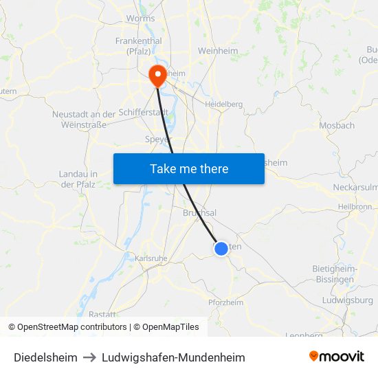 Diedelsheim to Ludwigshafen-Mundenheim map