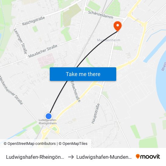 Ludwigshafen-Rheingönheim to Ludwigshafen-Mundenheim map