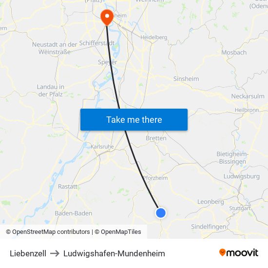 Liebenzell to Ludwigshafen-Mundenheim map