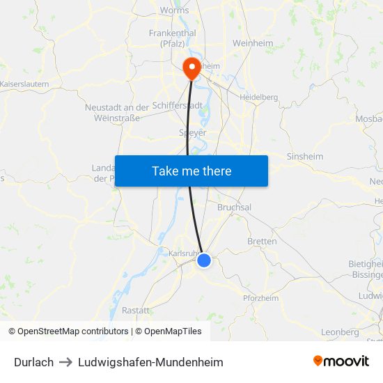 Durlach to Ludwigshafen-Mundenheim map