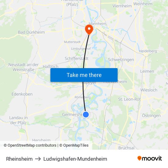 Rheinsheim to Ludwigshafen-Mundenheim map