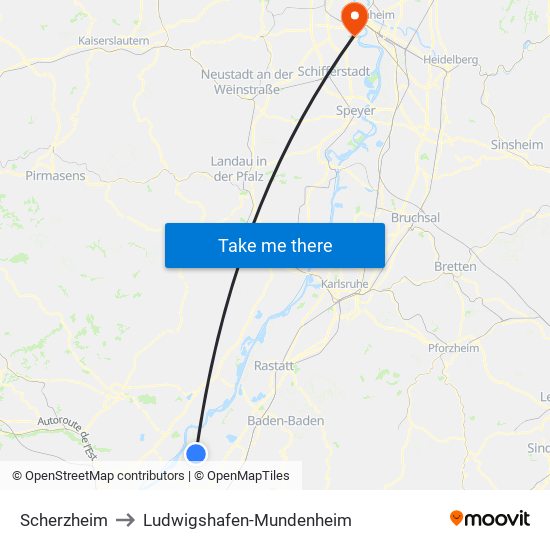 Scherzheim to Ludwigshafen-Mundenheim map