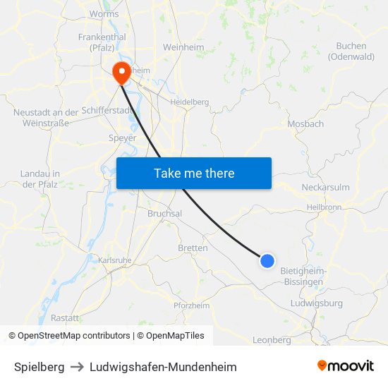 Spielberg to Ludwigshafen-Mundenheim map