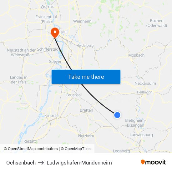 Ochsenbach to Ludwigshafen-Mundenheim map