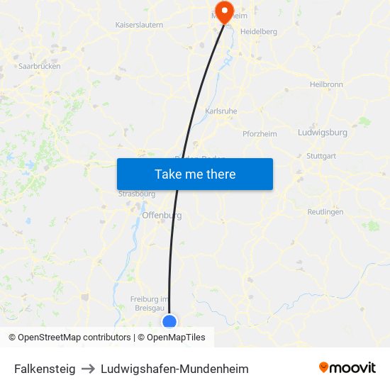 Falkensteig to Ludwigshafen-Mundenheim map