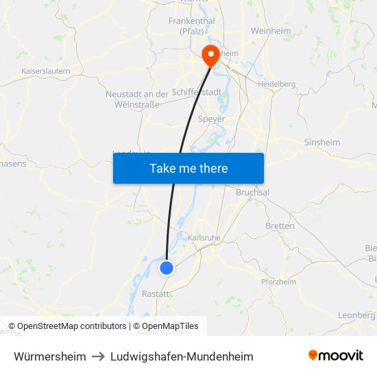 Würmersheim to Ludwigshafen-Mundenheim map