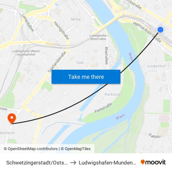 Schwetzingerstadt/Oststadt to Ludwigshafen-Mundenheim map